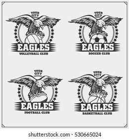 Volleyball, basketball, soccer and football logos and labels. Sport club emblems with eagle.