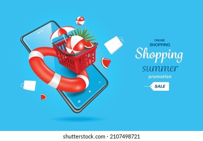 Volleyball and beach umbrellas in red baskets and lifebuoys in front of smartphones and there are watermelons,cut in half and shopping bags floating in the air,vector 3d for summer shopping online 