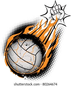 A volleyball being spiked so hard that it combusts