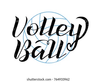 Volleyball black lettering text on white background with volleyball ball, vector illustration. Volleyball calligraphy. Sport, fitness, activity vector design. Print for logo, T-shirt, flag, banner.