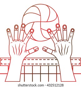 Volleyball block. Valleyball ball, hands and the net. Line art illustration on the white background