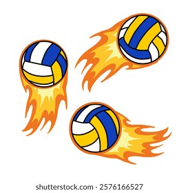 Volleyball bursts forward with a blaze. Blazing volleyball shoots through the air perfect for intense beach games and competitive play. Volleyball blaze with fire.