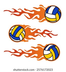 Volleyball bursts forward with a blaze. Blazing volleyball shoots through the air perfect for intense beach games and competitive play. Volleyball blaze with fire.