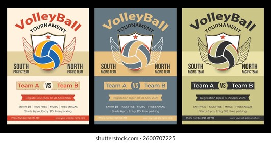 Volleyball camp posters, flyer with volleyball ball - template vector design. Volleyball Poster Set Vector. Design For Cafe, Pub, Sport Bar Promotion