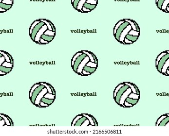 Volleyball cartoon character seamless pattern on green background. Pixel style