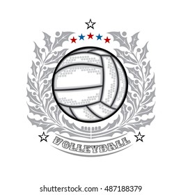 Volleyball in center of silver holy wreath isolated on white. Sport logo for any team or competition