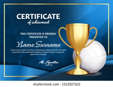 Volleyball Certificate Diploma With Golden Cup Vector. Sport Award Template. Achievement Design. Honor Background. A4 Horizontal. Illustration