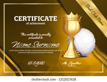 Volleyball Certificate Diploma With Golden Cup Vector. Sport Graduation. Elegant Document. Luxury Paper. A4 Horizontal. Championship Illustration