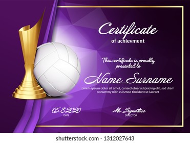 Volleyball Certificate Diploma With Golden Cup Vector. Sport Vintage Appreciation. Modern Gift. Print Blank. A4 Horizontal. Event Illustration