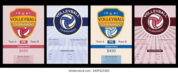 Volleyball championship flyer layout, double sided poster design for Volleyball tournament, vector illustration Volleyball tournament flyer layout. championship posters with volleyball ball template