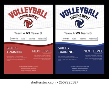 Volleyball championship flyer layout, double sided poster design for Volleyball tournament, vector illustration Volleyball tournament flyer layout. championship posters with volleyball ball template