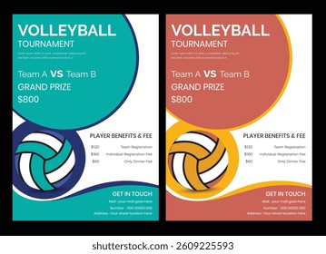 Volleyball championship flyer layout, double sided poster design for Volleyball tournament, vector illustration Volleyball tournament flyer layout. championship posters with volleyball ball template