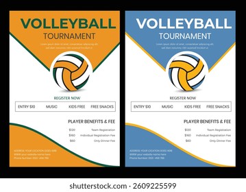 Volleyball championship flyer layout, double sided poster design for Volleyball tournament, vector illustration Volleyball tournament flyer layout. championship posters with volleyball ball template