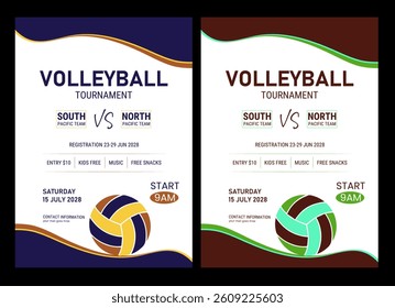Volleyball championship flyer layout, double sided poster design for Volleyball tournament, vector illustration Volleyball tournament flyer layout. championship posters with volleyball ball template