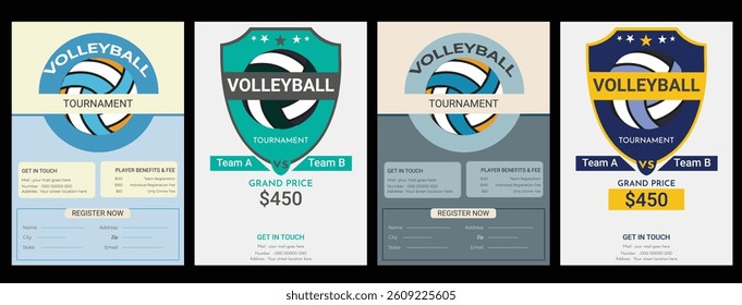 Volleyball championship flyer layout, double sided poster design for Volleyball tournament, vector illustration Volleyball tournament flyer layout. championship posters with volleyball ball template