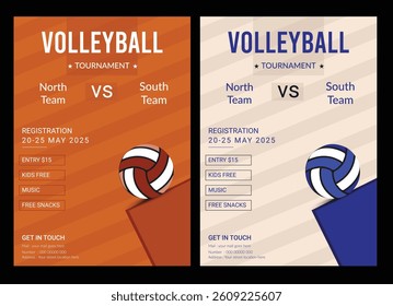 Volleyball championship flyer layout, double sided poster design for Volleyball tournament, vector illustration Volleyball tournament flyer layout. championship posters with volleyball ball template