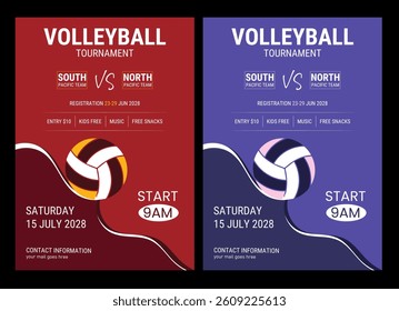 Volleyball championship flyer layout, double sided poster design for Volleyball tournament, vector illustration Volleyball tournament flyer layout. championship posters with volleyball ball template