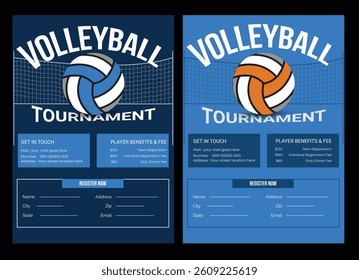 Volleyball championship flyer layout, double sided poster design for Volleyball tournament, vector illustration Volleyball tournament flyer layout. championship posters with volleyball ball template