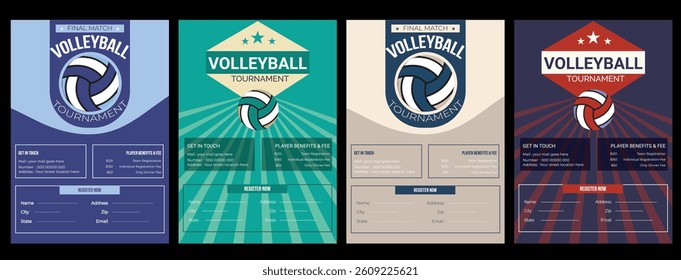 Volleyball championship flyer layout, double sided poster design for Volleyball tournament, vector illustration Volleyball tournament flyer layout. championship posters with volleyball ball template