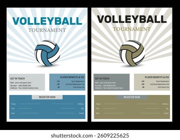 Volleyball championship flyer layout, double sided poster design for Volleyball tournament, vector illustration Volleyball tournament flyer layout. championship posters with volleyball ball template