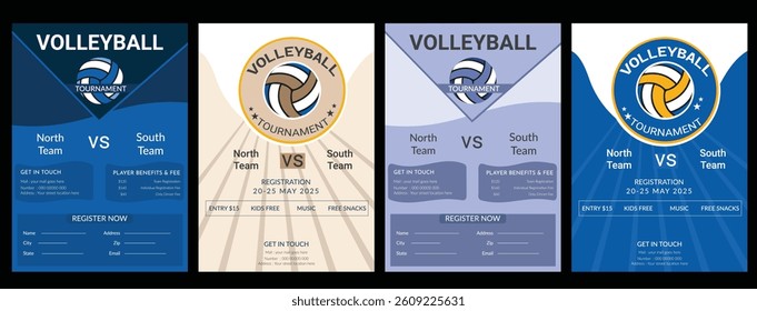 Volleyball championship flyer layout, double sided poster design for Volleyball tournament, vector illustration Volleyball tournament flyer layout. championship posters with volleyball ball template