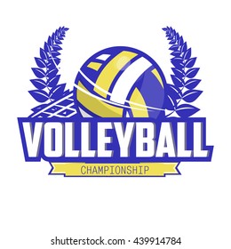 Volleyball championship logo with ball and laurel wreath. Sport badge for tournament or championship. Vector Illustration. Isolated on White.