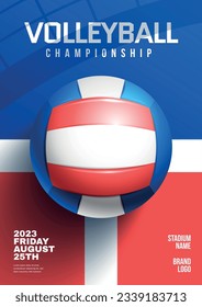 Volleyball championship match advertisement realistic vertical poster with ball in blue white and red colors vector illustration