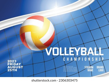 Afiche horizontal realista del campeonato de voleibol con bola y red sobre ilustración vectorial de fondo azul