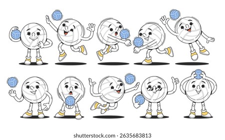 Volleyball character comic ball doodle characters playing game expressing joyfulness and fun set