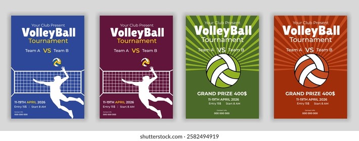 Volleyball charity tournament flyer layout. championship posters with volleyball ball vector Volleyball tournament posters, flyer with volleyball ball  vintage flyer award, championship, competition