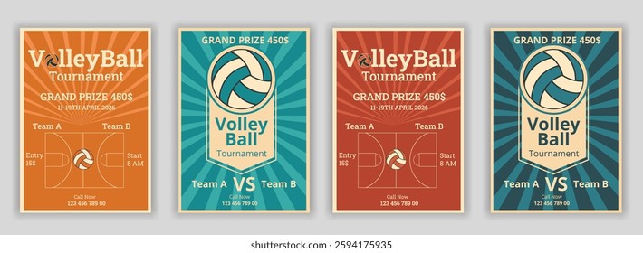 Volleyball charity tournament flyer layout. championship posters with volleyball ball vector Volleyball tournament posters, flyer with volleyball ball vintage flyer award, championship, competition