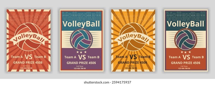 Volleyball charity tournament flyer layout. championship posters with volleyball ball vector Volleyball tournament posters, flyer with volleyball ball vintage flyer award, championship, competition