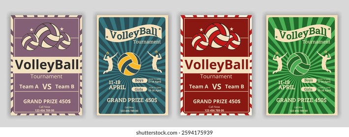 Volleyball charity tournament flyer layout. championship posters with volleyball ball vector Volleyball tournament posters, flyer with volleyball ball vintage flyer award, championship, competition