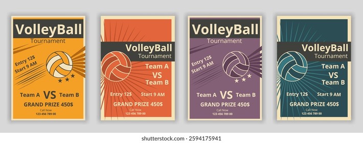 Volleyball charity tournament flyer layout. championship posters with volleyball ball vector Volleyball tournament posters, flyer with volleyball ball vintage flyer award, championship, competition