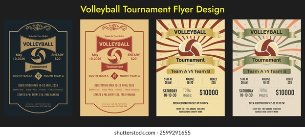 Volleyball charity tournament flyer layout. championship posters with volleyball ball vector Volleyball tournament posters, flyer with volleyball ball vintage flyer award, championship, competition.