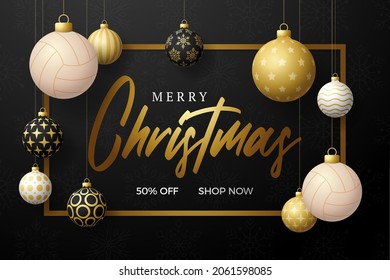 volleyball Christmas card. Merry Christmas sport greeting card. Hang on a thread volleyball ball as a xmas ball and golden bauble on black horizontal background. Sport Vector illustration.