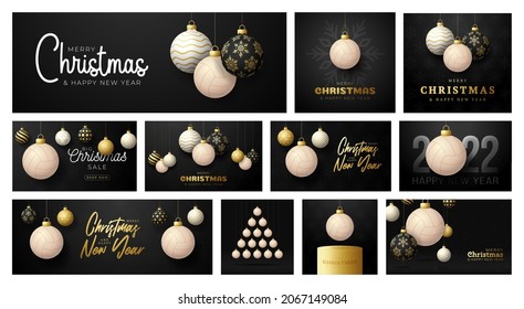 volleyball Christmas card set. Merry Christmas sport greeting card. Hang on a thread volleyball ball as a xmas ball and golden bauble on black background. Sport Vector illustration collection.