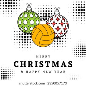 volleyball christmas greeting card in trendy line style. Merry Christmas and Happy New Year outline cartoon Sports banner. volleyball ball as a xmas ball on white background. Vector illustration..