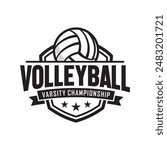 Volleyball club badge design. Vector illustration. For college league sport club emblem, sign, logo. Vintage label, sticker, patch with volleyball ball silhouette.