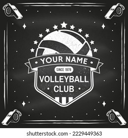 Volleyball club badge design. Vector illustration. For college league sport club emblem, sign, logo. Vintage monochrome label, sticker, patch with volleyball ball silhouettes.