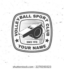 Volleyball Club Badge Design. Vektorgrafik. Für die College-Liga Sportclub Emblem, Zeichen, Logo. Vintage-Monochrom-Etikett, Aufkleber, Pflaster mit Volleyball und Schiedsrichter-Silotöpfen.