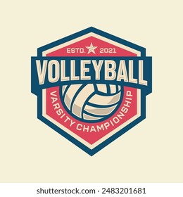 Volleyball club badge design. Vector illustration. For college league sport club emblem, sign, logo. Vintage label, sticker, patch with volleyball ball silhouette.