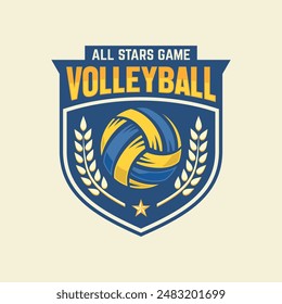 Volleyball club badge design. Vector illustration. For college league sport club emblem, sign, logo. Vintage label, sticker, patch with volleyball ball silhouette.