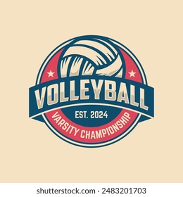 Volleyball club badge design. Vector illustration. For college league sport club emblem, sign, logo. Vintage label, sticker, patch with volleyball ball silhouette.