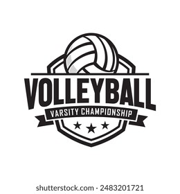 Volleyball club badge design. Vector illustration. For college league sport club emblem, sign, logo. Vintage label, sticker, patch with volleyball ball silhouette.