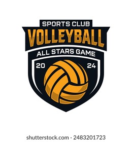 Volleyball club badge design. Vector illustration. For college league sport club emblem, sign, logo. Vintage label, sticker, patch with volleyball ball silhouette.