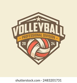 Volleyball club badge design. Vector illustration. For college league sport club emblem, sign, logo. Vintage label, sticker, patch with volleyball ball silhouette.