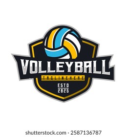 Volleyball club badge design. Vector illustration. For college league sport club emblem, sign, logo. Vintage label, sticker, patch with volleyball ball in white background