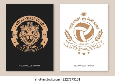 Volleyball club flyer, brochure, banner, poster. Vector illustration. For sport club emblem, sign, logo. Vintage monochrome label, sticker, patch with volleyball ball and tiger head silhouettes.