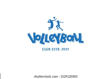 Volleyball club hand written lettering logo, emblem with players and ball. 